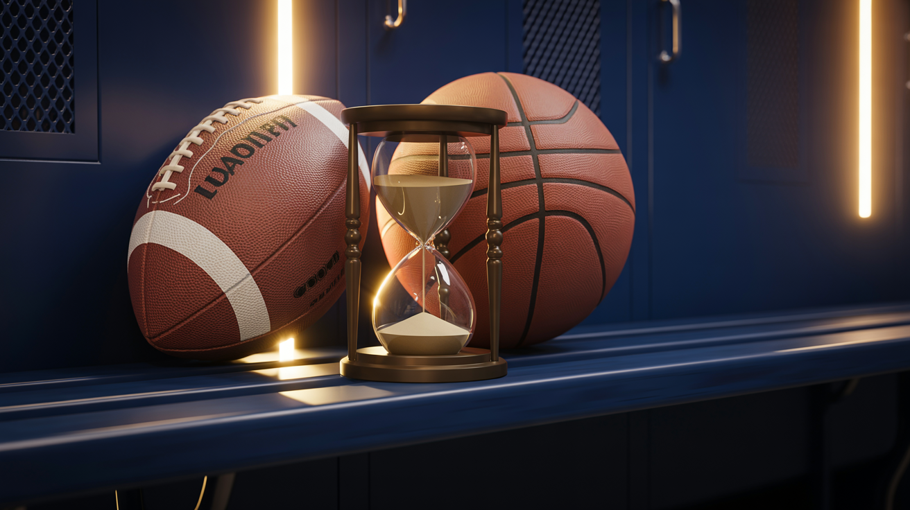 Hourglass with sand running out next to college sports equipment, symbolizing tightening NIL Go reporting deadlines